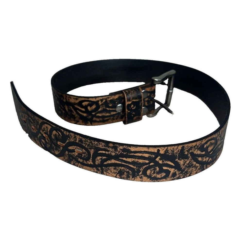 BED STU Black Brown Embossed Distressed Leather River Belt 36” Silver Buckle